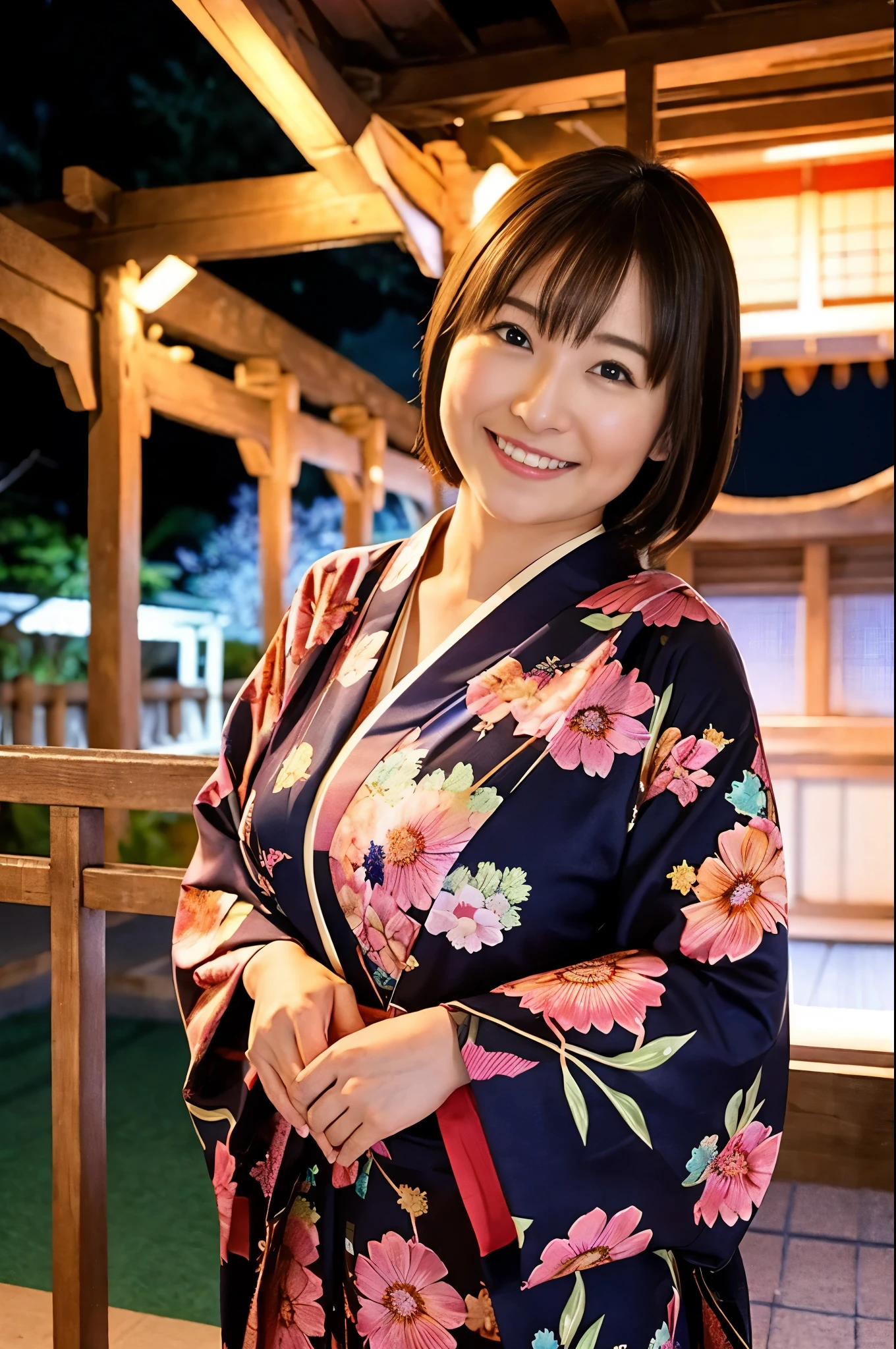 Mature attractive woman, japanese summer kimono, japanese shrine at night, starry sky, chubby, big tits, smile, masterpiece, best quality