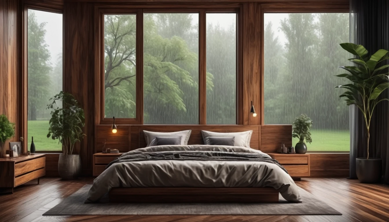 Stylish bedroom with woodgrain interior, moody, rain outside the window. Hyper-realistic, photo-realistic, ultra-detailed, 4K,top quality,masterpiece,stylish interior,big window