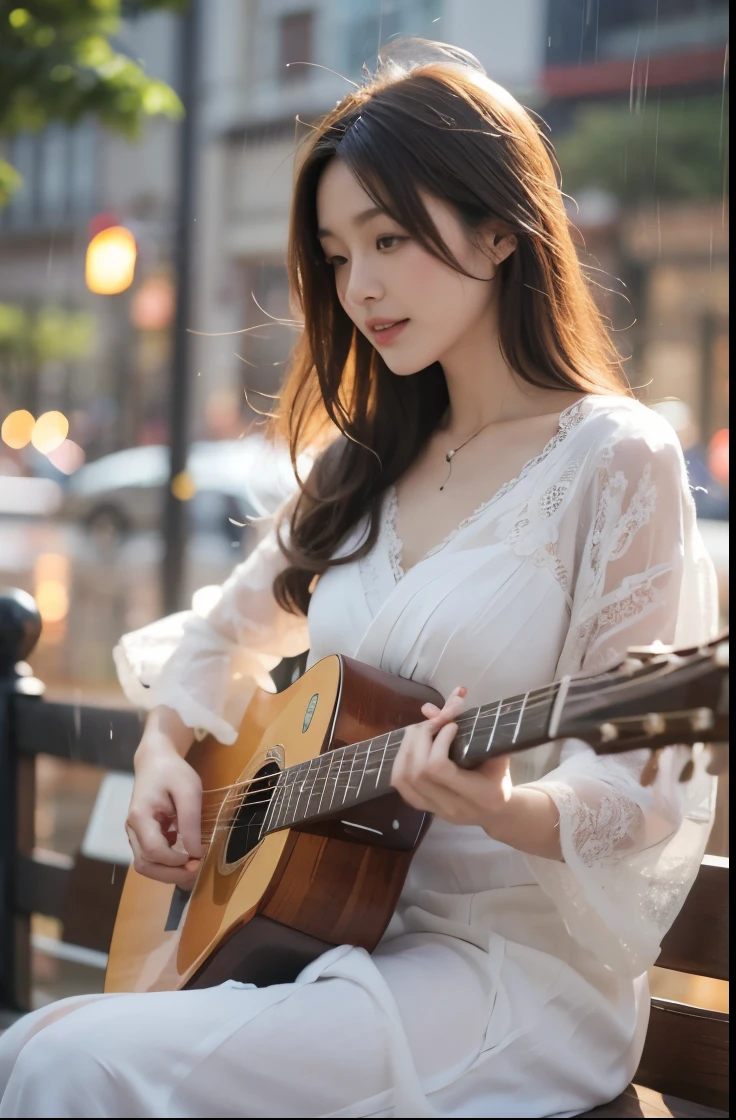 Beautiful Japanese waifu, early 30s, brunette hair, white lace gown, playing guitar in the rain