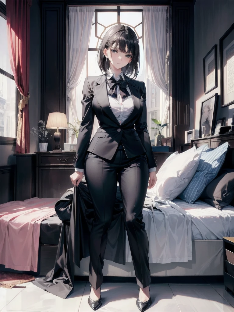 absurdres, RAW photo, extremely delicate and beautiful, masterpiece, Best Quality, ultra high resolution, 32k, hyperrealistic, ultra-detailed, delicate facial features, beautiful detailed woman, tearful mole, earring, medium breasts, full body shot, medium hair, black hair, ((office lady suit)), blazer, wet, bed,