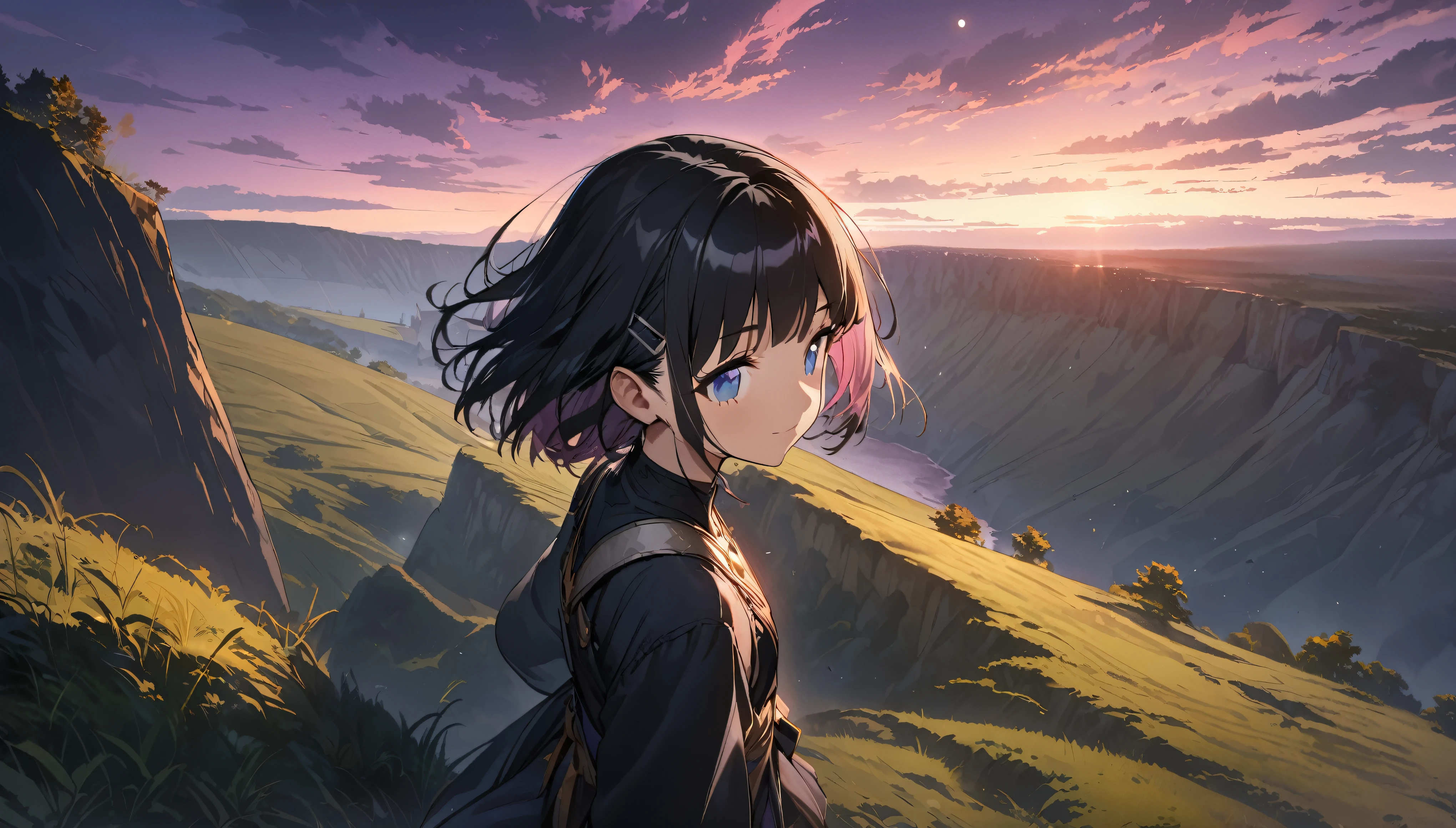 1girl, solo, blue eyes, (detailed eyes), flat chest, short hair, black hair, standing, gentle smile on her face((masterpiece, illustration, best quality) (Masterpiece illustration,Beautiful and aesthetic:1.2,head up,aim to sky), Best quality,Top quality, Epic quality,((((nature,on a hill near cliff,the top of the hill ,outdoor,cloudy,))))(beautiful purple sunset,moonlight,moon glare, god light, from above:1.3,))Neat face,,mature,Beautiful detailed hair,hyper HD, retinas, Textured skin, A high resolution, 16k ,((hairclip,blunt bangs,middle hair,Detailed face, 1JK, lady,Solo, Perfect face, Very amazing girl,