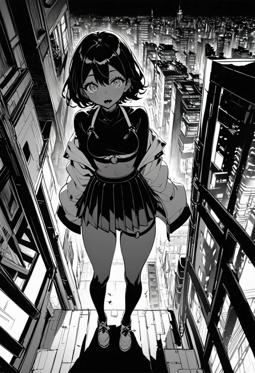 best quality , monochrome, lineart, 1girl, full body, alone, back to viewer ( short dark hair, tan skin, freckles, detailed and beautiful eyes , open mouth, sharp teeth, (street:1.3), hair blowing in the wind,(panoramic view:1.3),(sense of depth:1.5),(long shot:1.3) girl standing on balcony looking at the city at night, wearing open sexy clothes, black skirt, Black stockings, oversized jacket, chest harness, black shirt, crop top, skirt, Shoes, O-Ring, midriff, off shoulder, medium breasts, thigh strap, pleated skirt (skirt blowing in the wind) looking up at the sky, (Birds Eye view), city background, night, wide shot, oldest, comic