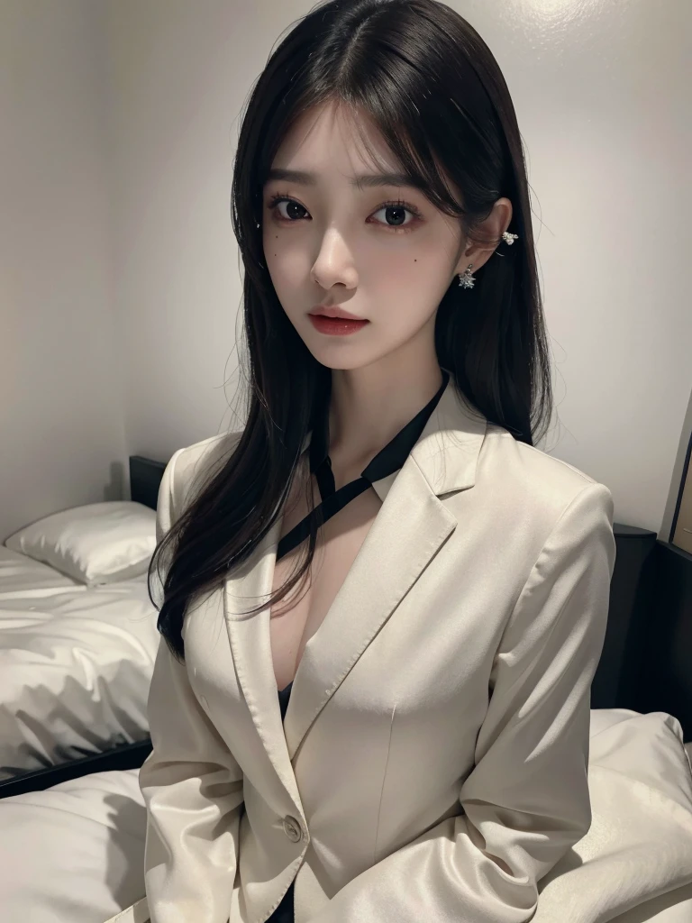 absurdres, RAW photo, extremely delicate and beautiful, masterpiece, Best Quality, ultra high resolution, 32k, hyperrealistic, ultra-detailed, delicate facial features, beautiful detailed woman, tearful mole, earring, medium breasts, (full body shot), medium hair, black hair, (office lady suit), blazer, wet, bed,