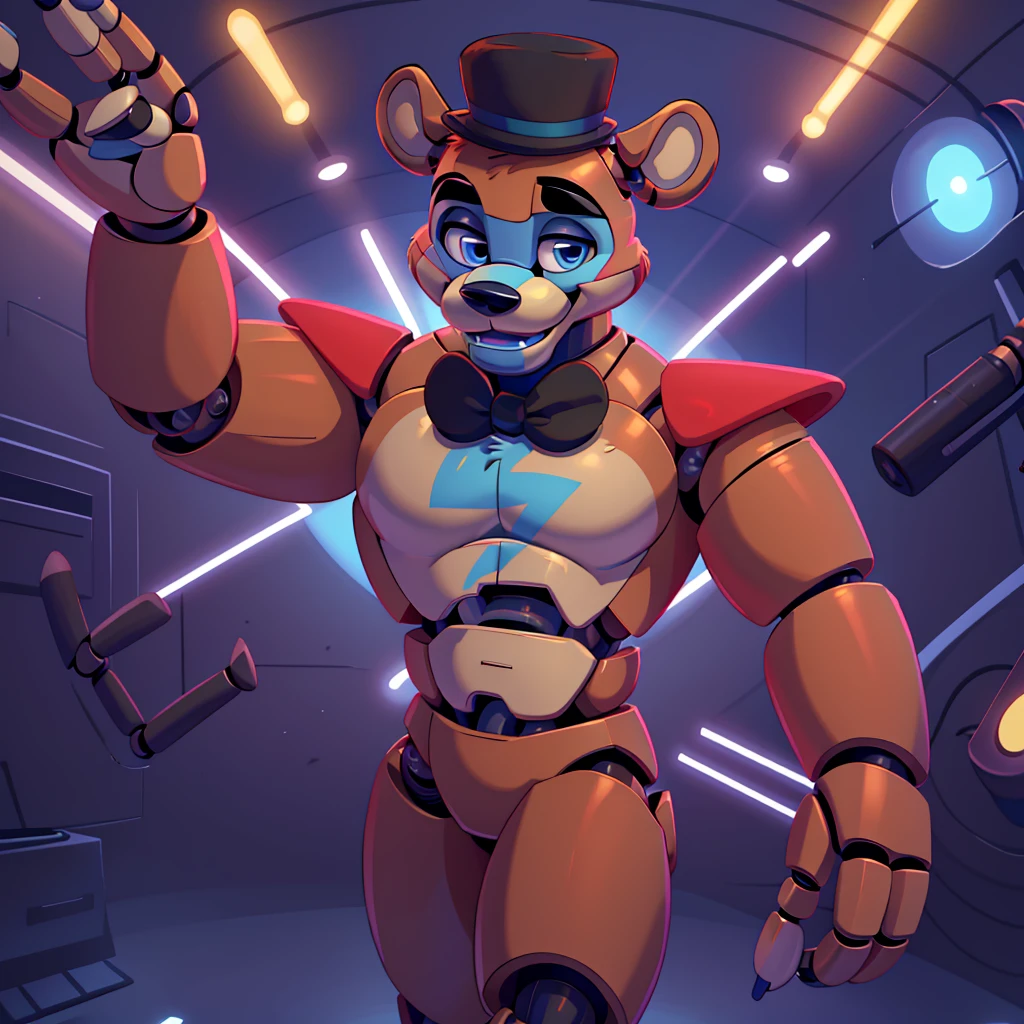 (masterpiece), ((perfect anatomy)), (high Res), (4k) ((fixed hands))), bear, buff, strong, blue eyes, wide shoulders, (robot), (animatronic), happy, ((black hat)), ((((disney artstyle)))), (((solo)))