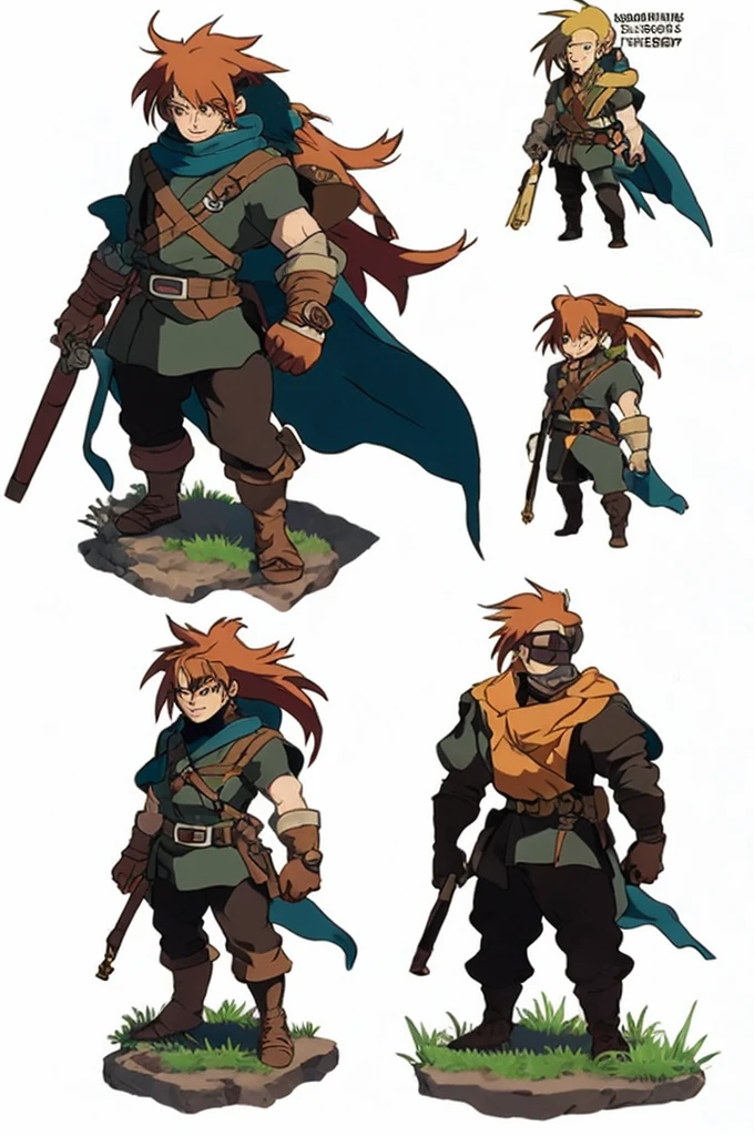 Crie sprites 2d de assets em RPG Maker de um heroi para colocar em um jogo de video game, at various angles, he will be a mix of Captain America from Marvel Comics with Link from the game series The Legend Of Zelda, he uses long sword and shield, He has a mysterious mark on his arm that turns out to be the key to using the Artifact of Harmony., he wears a green combat uniform, Coraggioso, determined, fair, but sometimes impetuous, 16K, best qualityer, fully body!