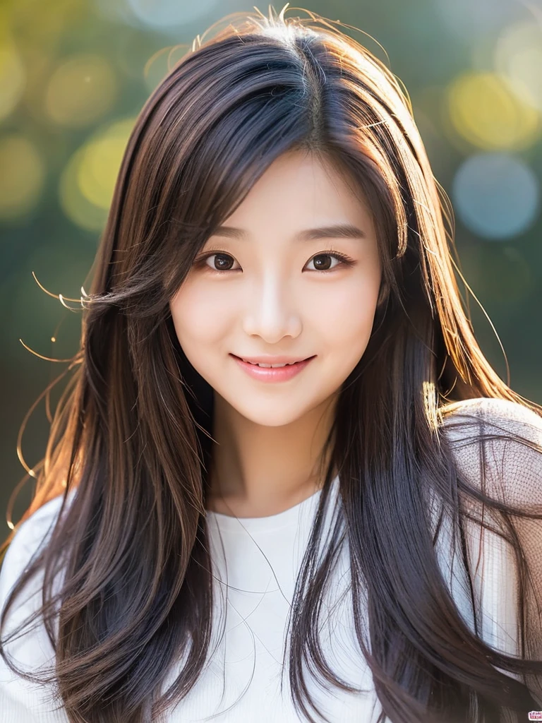 A young Korean adult of 24 with a cheerful and captivating appearance. Her hair is long and straight, highlighting her beauty and shine in dark colors. 
Her face is hexagonal, and her eyes are large and expressive, carrying a captivating expression of sincerity and compassion in their light brown beauty. 
Her skin is clear and flawless, healthy. Her lips are plump with a charming smile. 
At an In the morning she finds herself smiling wearing ordinary clothes that only enhance her beauty 