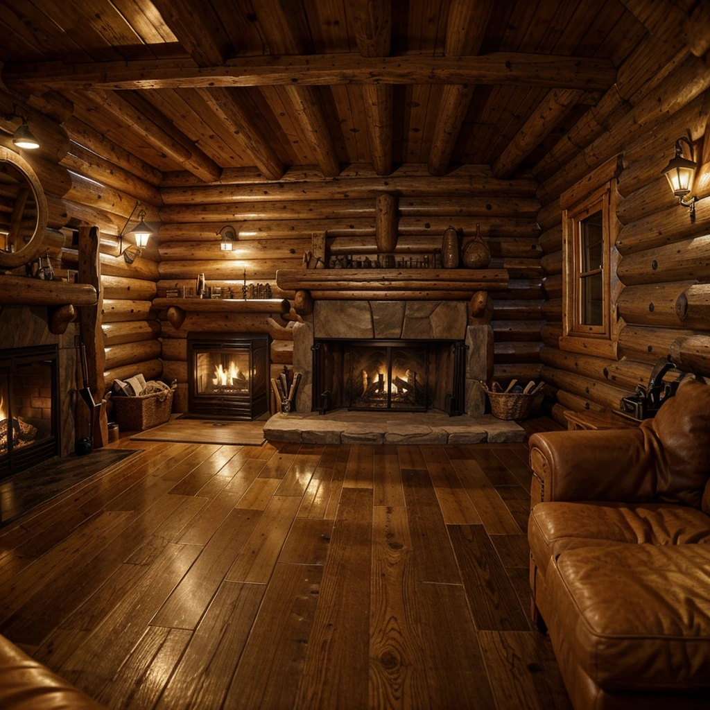 uma sala de estar, A cabin in the forest, wood accents, fireplace lit, pleasant environment, rain falling outside, ultrarealistic.