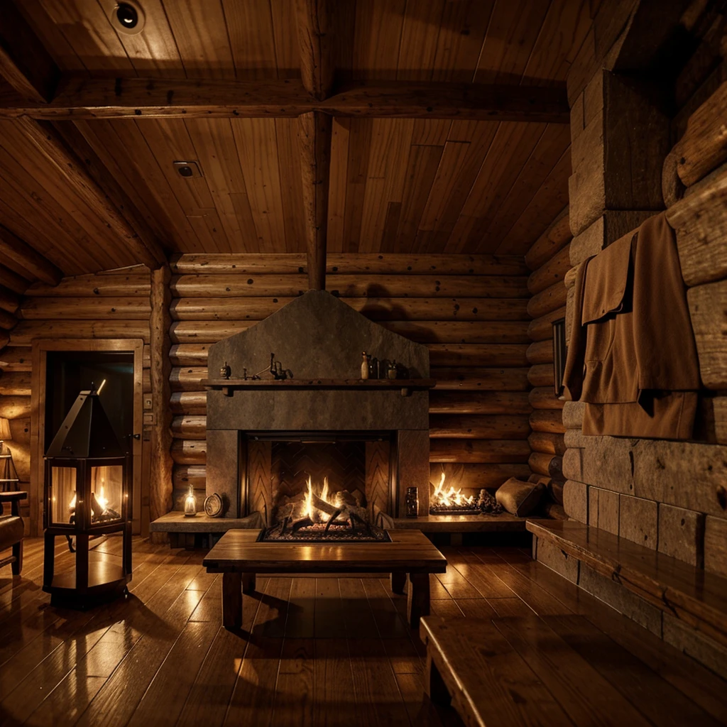 uma sala de estar, A cabin in the forest, wood accents, fireplace lit, pleasant environment, rain falling outside, ultrarealistic.