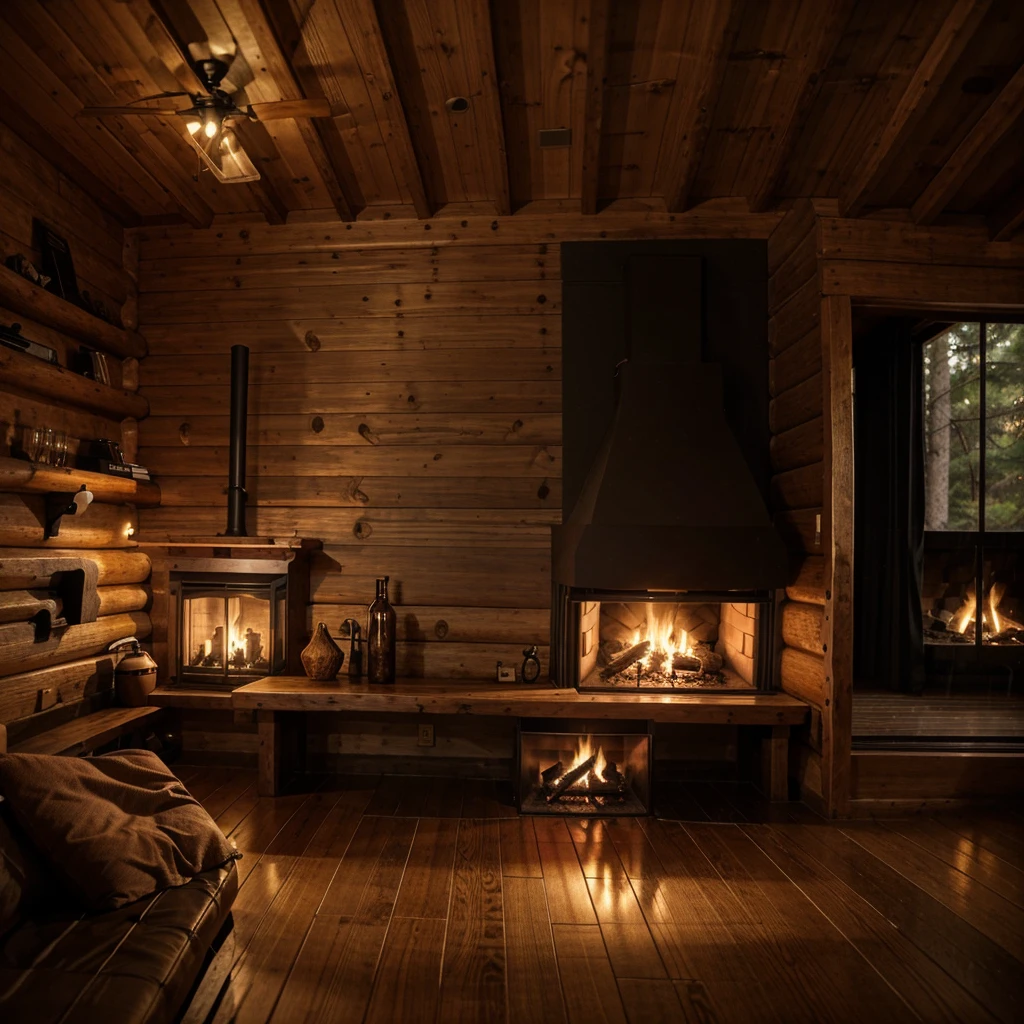 uma sala de estar, A cabin in the forest, wood accents, fireplace lit, pleasant environment, rain falling outside, ultrarealistic.