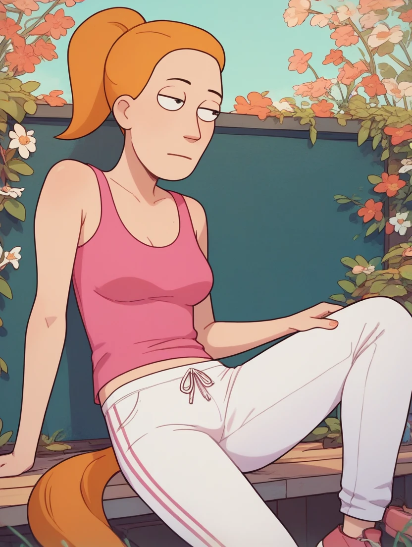 Summer Smith, Horse tail, Orange hair, white pants, pink tank top,