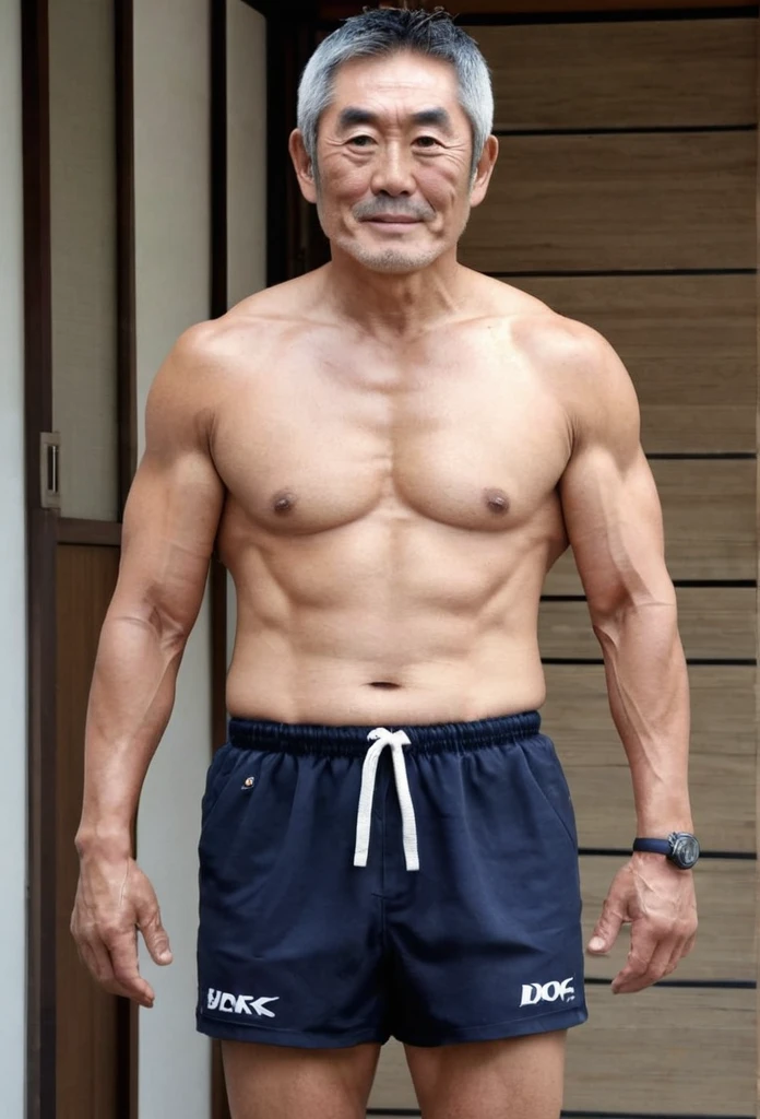 63-year-old Japanese male,Length 180cm,Weight 85kg,A little muscular,Former rugby player,I&#39;ve gained a little weight,Dignified,Wild look,smile,Short Hair,I wore shorts,Shoulders and arms are clearly visible,Neck and chest are clearly visible,In the classroom,There is a student behind