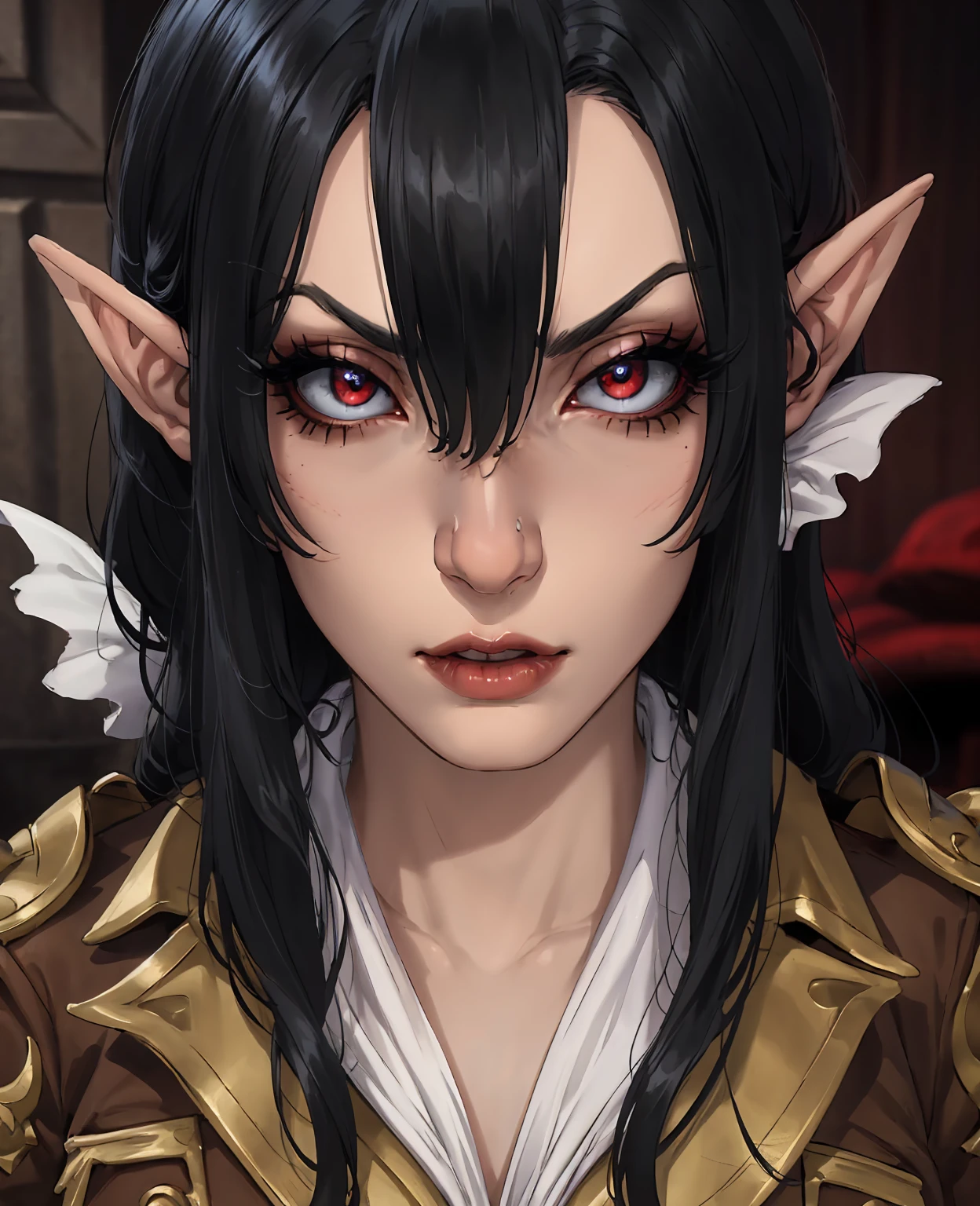 A devilish woman with long black hair, pale skin, and striking red eyes, wearing an intricate elf-like costume, set against a dark and mysterious backdrop, (best quality,4k,8k,highres,masterpiece:1.2),ultra-detailed,(realistic,photorealistic,photo-realistic:1.37),dramatic lighting,chiaroscuro,cinematic composition,highly detailed facial features,beautiful detailed eyes,beautiful detailed lips,extremely detailed eyes and face,long eyelashes,dramatic pose,fantasy,digital art,concept art,dark fantasy