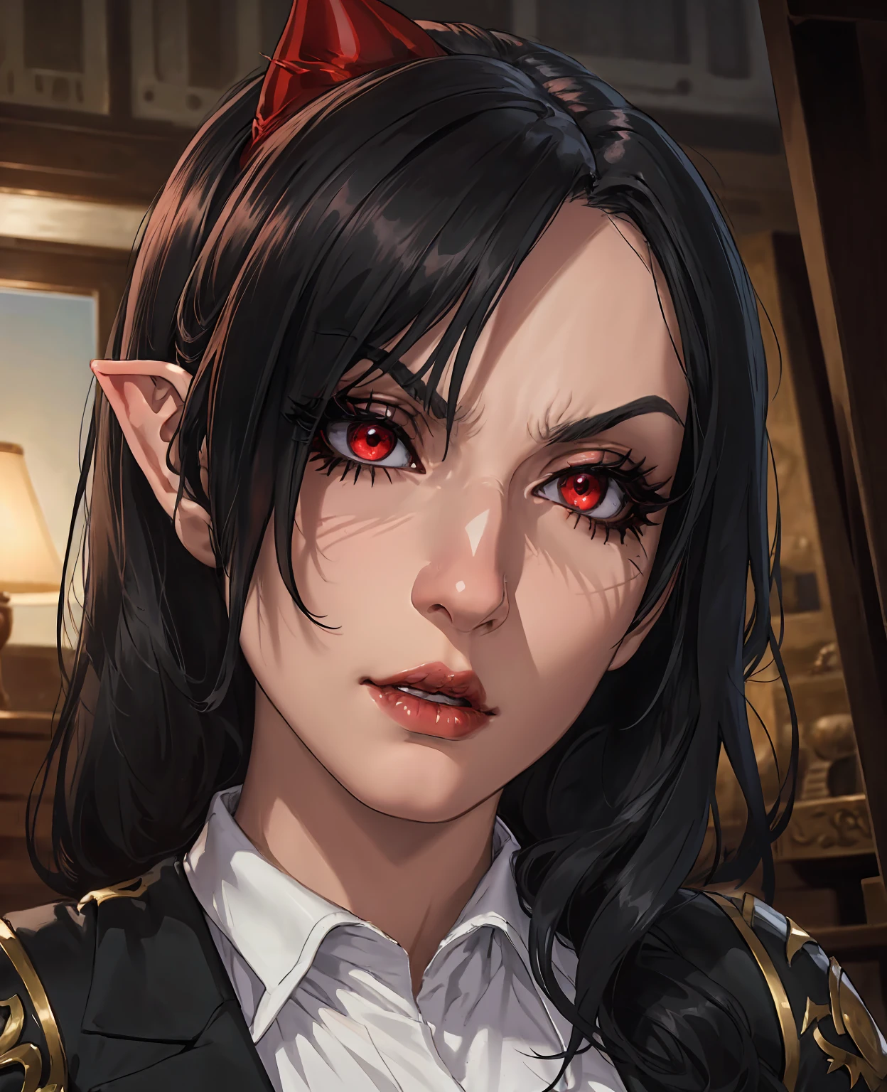 A devilish woman with long black hair, pale skin, and striking red eyes, wearing an intricate elf-like costume, set against a dark and mysterious backdrop, (best quality,4k,8k,highres,masterpiece:1.2),ultra-detailed,(realistic,photorealistic,photo-realistic:1.37),dramatic lighting,chiaroscuro,cinematic composition,highly detailed facial features,beautiful detailed eyes,beautiful detailed lips,extremely detailed eyes and face,long eyelashes,dramatic pose,fantasy,digital art,concept art,dark fantasy