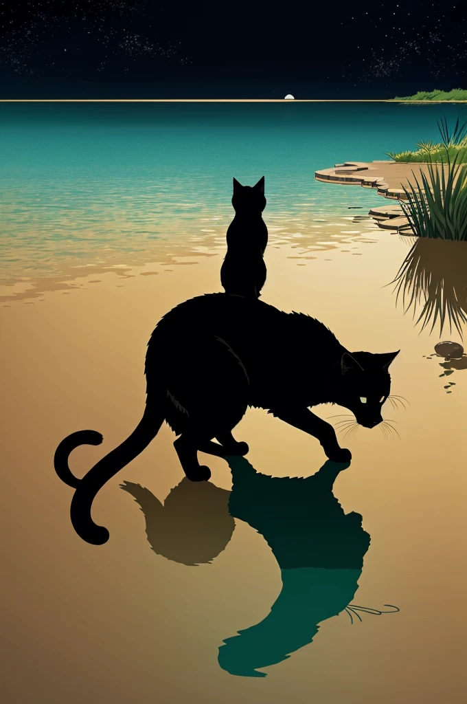 In the anime studio ghibli style, make a beige cat looking towards a lagoon so that only its back and silhouette can be seen., The lagoon has to be black and the environment has to be dark colors.