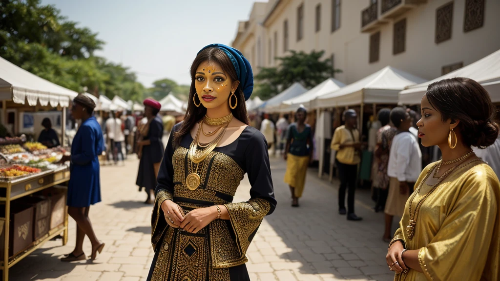 (style of [Ilya Kuvshinov:alessio albi:0.5]:1.5) (friendly and captivating expression, cinematographic establishment plan:1.2), (layered depth, Soft focus foreground:1.2),  [[[SkinDetail HairDetail]]] [Nubian:West Africa:0.5] theme, a majestic young Nubian woman standing proudly in a vibrant West Africa setting, adorned in ((luxurious traditional costume)), floor-length dress rich in geometric patterns and strong colors, wide sleeves, intricately beaded bodice, layered necklaces made of gold and precious stones, a headscarf with elaborate folds, showcasing the richness of West Africa textiles, your skin shining, adorned with subtle traditional face paint highlighting her features, gold hoop earrings, your majestic posture, a blend of cultural heritage and contemporary elegance, the background a lively market scene, colorful stalls displaying a variety of fabrics and crafts, warm up, golden sunlight casting long shadows, creating a harmonious interplay of light and color, a busy atmosphere, but she remains the undisputed focal point, your powerful and serene look, embodying the essence of Nubian grace and West Africa vibrance