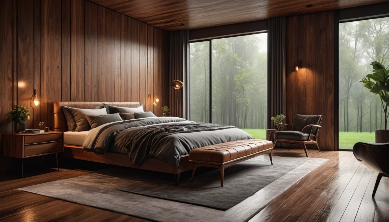 Stylish bedroom with woodgrain interior, moody, rain outside the window. Hyper-realistic, photo-realistic, ultra-detailed, 4K,top quality,masterpiece,stylish interior,big window