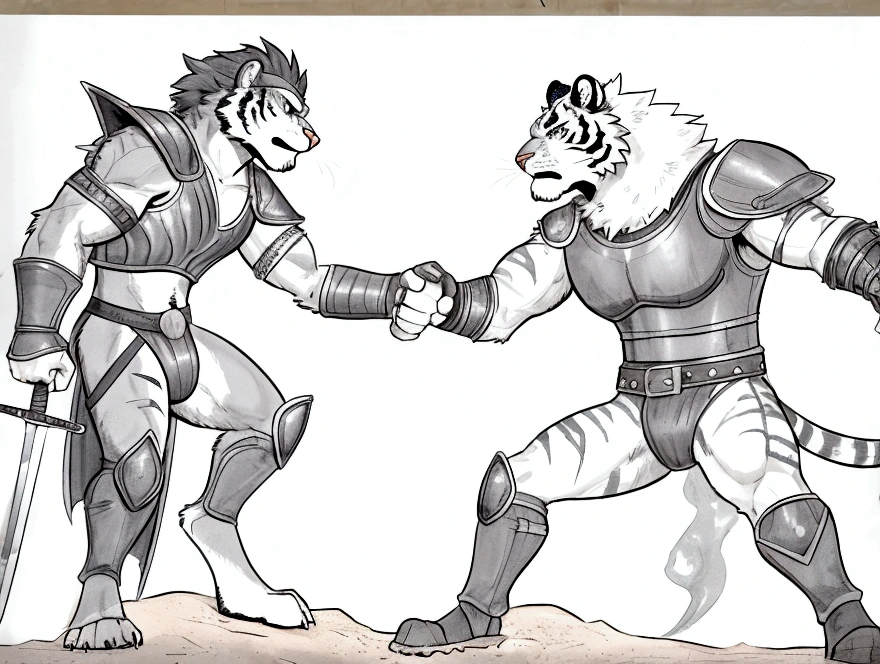 Sword fight of two Sexy anthro furry tigers desert slaves ancient gladiators, Both looks the same - slim endomorph muscular handsome model male apperance, headband, sword scars, worn out leather skimpy armament, low on hips heavy leather belt, old very worn out skimpy dirty linen material jockstrap, old yellow dirty worn out stains on white jockstrap, studded skimpy armlets breastplate armor, skimpy breastplate, leather bondages, fingerless leather gloves, smelly unwashed furr, dirty body look. They fight with swords in sword arena duel, cinematic sword fight scene,  they are fighting in wooden cage arena, clashing swords each other, rage hate anger at each other, proffesional lineart comic drawing furry style, proffesional digital furry colour cartoon lineart drawing style