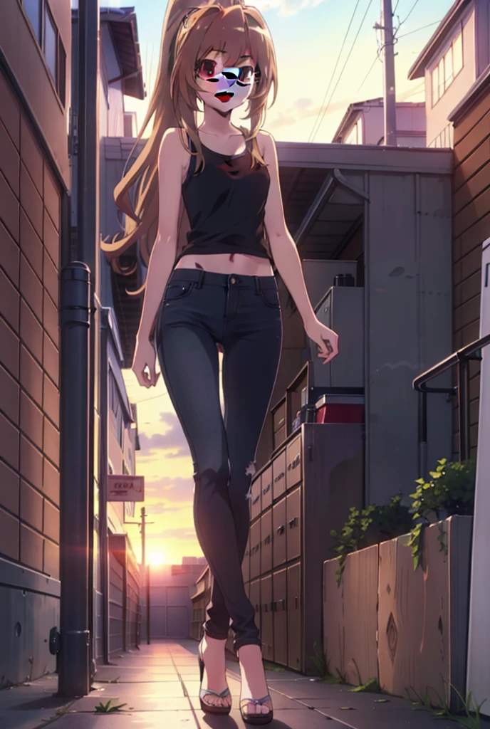 taiga aisaka, taiga aisaka, Long Hair, Brown Hair, Brown eyes,happy smile, smile, Open your mouth,ponytail,Black-rimmed glasses,Brown Tank Top,Skinny jeans,Stiletto heels,The rising sun,morning,morning陽,walking,whole bodyがイラストに入るように,
break outdoors, construction area,
break looking at viewer, whole body,
break (masterpiece:1.2), Highest quality, High resolution, unity 8k wallpaper, (shape:0.8), (Beautiful attention to detail:1.6), Highly detailed face, Perfect lighting, Extremely detailed CG, (Perfect hands, Perfect Anatomy),