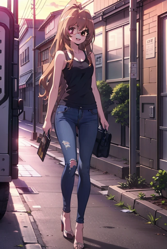 taiga aisaka, taiga aisaka, Long Hair, Brown Hair, Brown eyes,happy smile, smile, Open your mouth,ponytail,Black-rimmed glasses,Brown Tank Top,Skinny jeans,Stiletto heels,The rising sun,morning,morning陽,walking,whole bodyがイラストに入るように,
break outdoors, construction area,
break looking at viewer, whole body,
break (masterpiece:1.2), Highest quality, High resolution, unity 8k wallpaper, (shape:0.8), (Beautiful attention to detail:1.6), Highly detailed face, Perfect lighting, Extremely detailed CG, (Perfect hands, Perfect Anatomy),