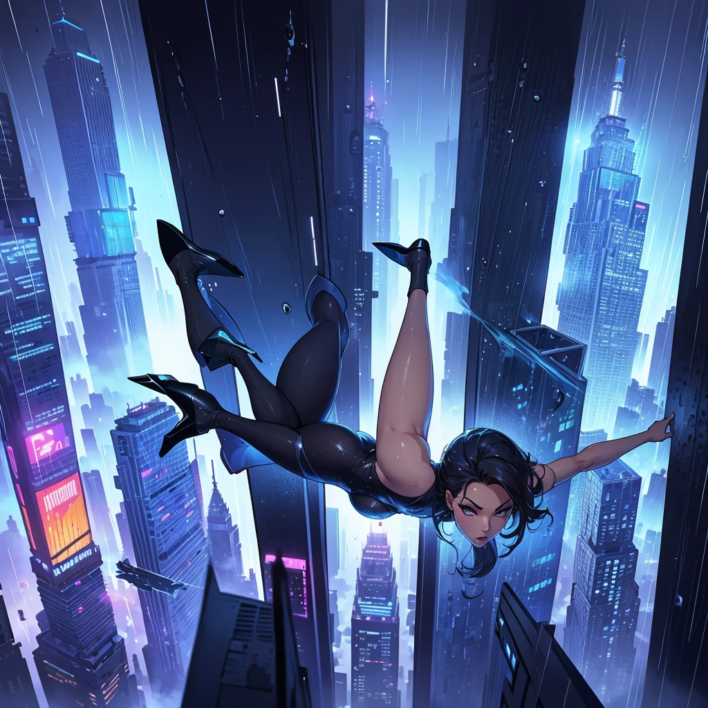 beautiful woman falling down in front of skyscraper, reflective windows, femme fatale, free fall, dynamic, rain, wet skin, water droplets
