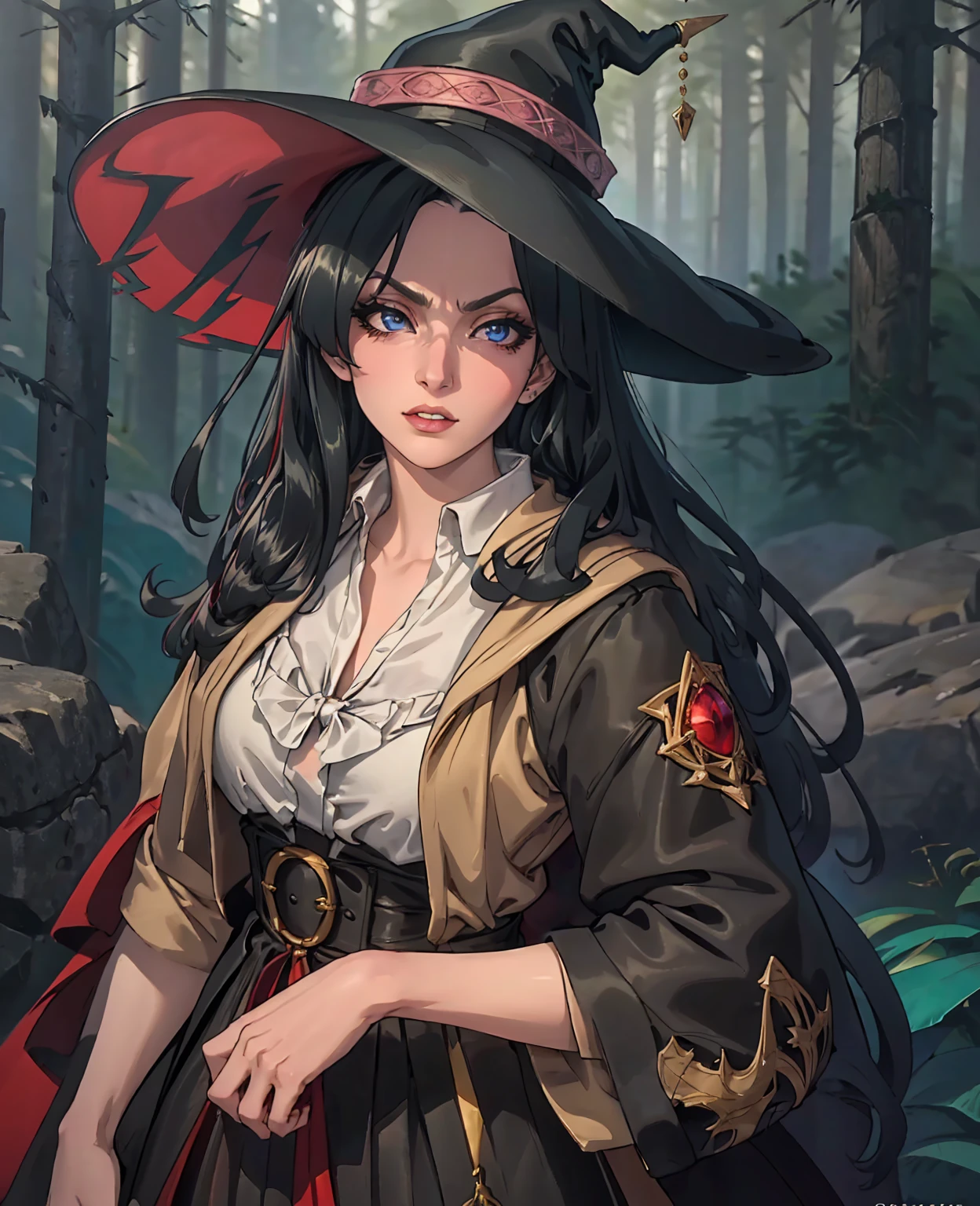 a beautiful young woman with long dark hair, beautiful detailed eyes, beautiful detailed lips, extremely detailed face, longeyelashes, wearing a black witch hat, black gothic dress, holding a magic wand, in a dark forest with glowing mushrooms and fireflies, (best quality,4k,8k,highres,masterpiece:1.2),ultra-detailed,(realistic,photorealistic,photo-realistic:1.37),dark fantasy,dramatic lighting,dramatic colors,intricate details