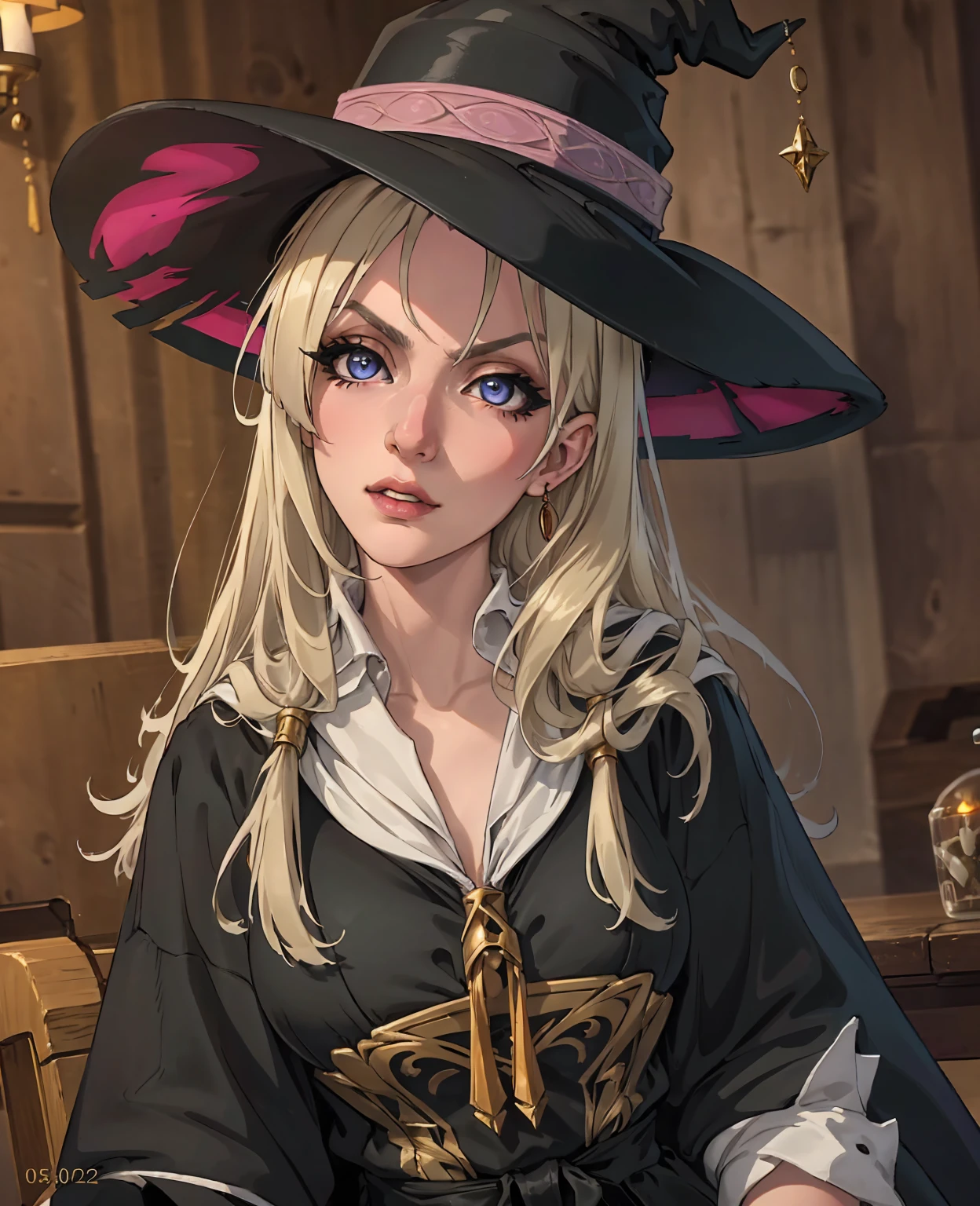 a beautiful young woman with long dark hair, beautiful detailed eyes, beautiful detailed lips, extremely detailed face, longeyelashes, wearing a black witch hat, black gothic dress, holding a magic wand, in a dark forest with glowing mushrooms and fireflies, (best quality,4k,8k,highres,masterpiece:1.2),ultra-detailed,(realistic,photorealistic,photo-realistic:1.37),dark fantasy,dramatic lighting,dramatic colors,intricate details