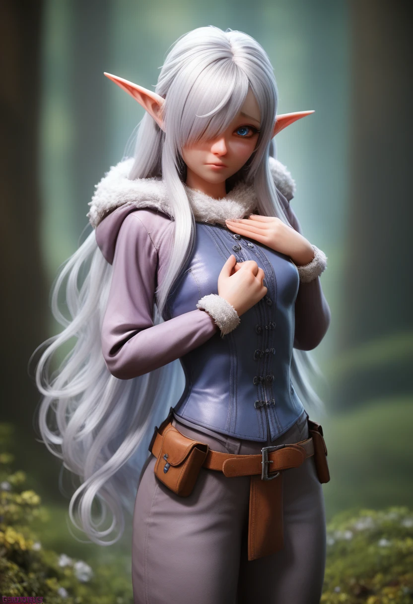 ((Best Quality)), (Masterpiece)), (Details: 1.4), Absurd Resolution, High Resolution, (Masterpiece: 1.4), Ultra Detailed, detailed gnome girl with pale skin, short stature, very long waist length silver hair that curls at the ends, covering one eye, with small breasts, pouty lips, and bright blue anime-style eyes with long lashes, wearing a corset, white puffy long sleeved shirt, and puffy cloth pants, leather bound boots, set in a windy fantasy landscape, (best quality,4k,8k,highres,masterpiece:1.2),ultra-detailed, dungeons and dragons, long elf ears, small girl, detailed skin and cloth textures, cute detailed face, intricate details, extremely detailed, 1girl, dynamic pose with hair covering one eye, shy personality, puffy cloth pants with leather belt, detailed privateer outfit, detailed buccaneer outfit, pouch on belt, wearing ornate leather armor with fur trim, silver inlay detail, wearing fur trimmed boots, wearing fur trimmed gloves, short, short height, halfing girl, small girl, very long detailed flowing hair