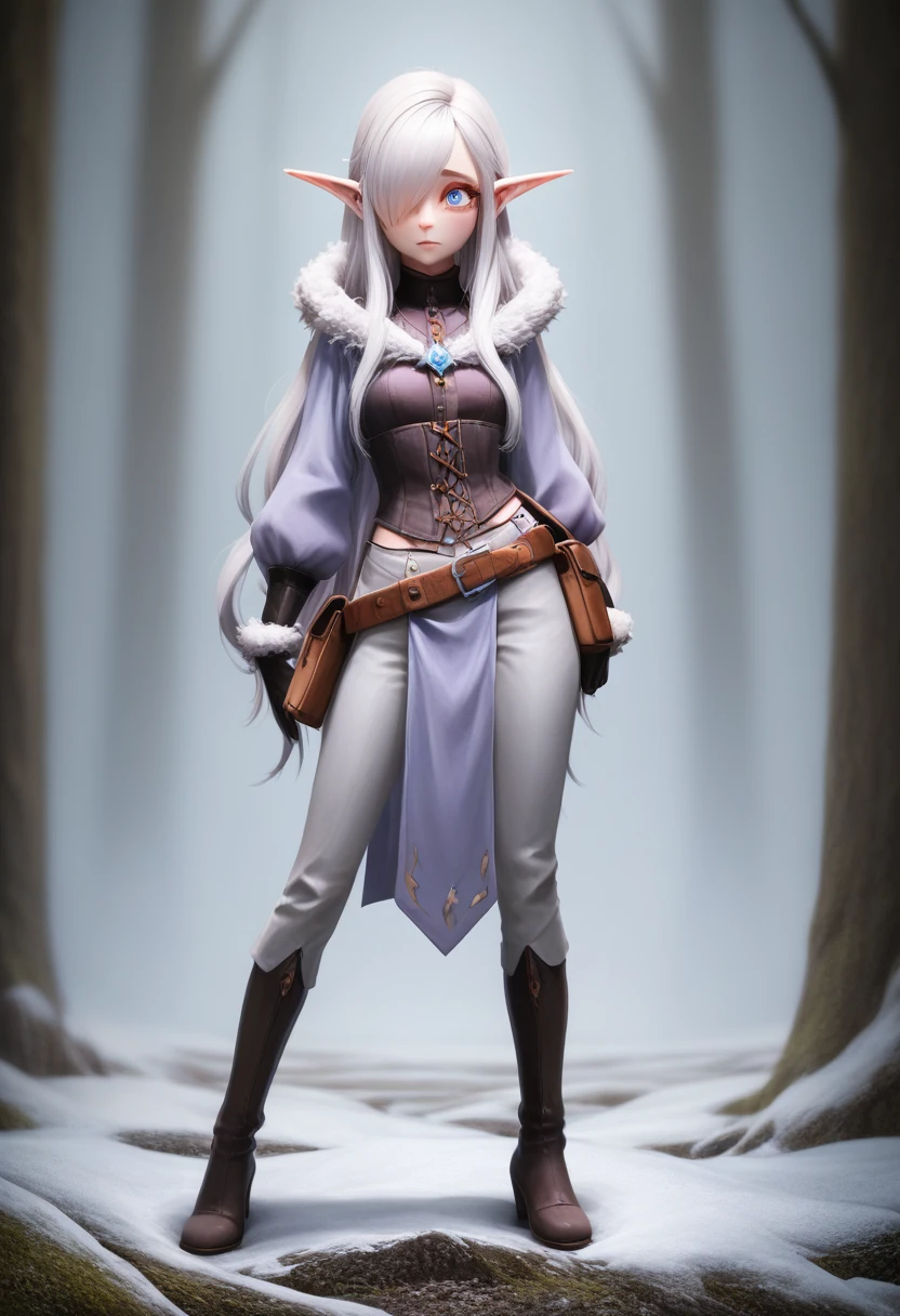 ((Best Quality)), (Masterpiece)), (Details: 1.4), Absurd Resolution, High Resolution, (Masterpiece: 1.4), Ultra Detailed, detailed gnome girl with pale skin, short stature, very long waist length silver hair that curls at the ends, covering one eye, with small breasts, pouty lips, and bright blue anime-style eyes with long lashes, wearing a corset, white puffy long sleeved shirt, and puffy cloth pants, leather bound boots, set in a windy fantasy landscape, (best quality,4k,8k,highres,masterpiece:1.2),ultra-detailed, dungeons and dragons, long elf ears, small girl, detailed skin and cloth textures, cute detailed face, intricate details, extremely detailed, 1girl, dynamic pose with hair covering one eye, shy personality, puffy cloth pants with leather belt, detailed privateer outfit, detailed buccaneer outfit, pouch on belt, wearing ornate leather armor with fur trim, silver inlay detail, wearing fur trimmed boots, wearing fur trimmed gloves, short, short height, halfing girl, small girl, very long detailed flowing hair