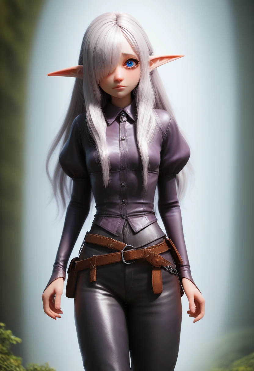 ((Best Quality)), (Masterpiece)), (Details: 1.4), Absurd Resolution, High Resolution, (Masterpiece: 1.4), Ultra Detailed, detailed gnome girl with pale skin, short stature, very long waist length silver hair that curls at the ends, covering one eye, with small breasts, pouty lips, and bright blue anime-style eyes with long lashes, wearing a corset, white puffy long sleeved shirt, and puffy cloth pants, leather bound boots, set in a windy fantasy landscape, (best quality,4k,8k,highres,masterpiece:1.2),ultra-detailed, dungeons and dragons, long elf ears, small girl, detailed skin and cloth textures, cute detailed face, intricate details, extremely detailed, 1girl, dynamic pose with hair covering one eye, shy personality, puffy cloth pants with leather belt, detailed privateer outfit, detailed buccaneer outfit, pouch on belt, wearing ornate leather armor with fur trim, silver inlay detail, wearing fur trimmed boots, wearing fur trimmed gloves, short, short height, halfing girl, small girl, very long detailed flowing hair