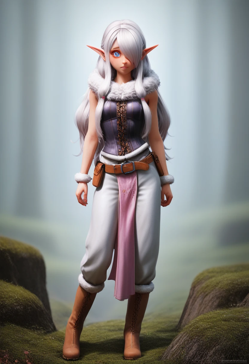 ((Best Quality)), (Masterpiece)), (Details: 1.4), Absurd Resolution, High Resolution, (Masterpiece: 1.4), Ultra Detailed, detailed gnome girl with pale skin, short stature, very long waist length silver hair that curls at the ends, covering one eye, with small breasts, pouty lips, and bright blue anime-style eyes with long lashes, wearing a corset, white puffy long sleeved shirt, and puffy cloth pants, leather bound boots, set in a windy fantasy landscape, (best quality,4k,8k,highres,masterpiece:1.2),ultra-detailed, dungeons and dragons, long elf ears, small girl, detailed skin and cloth textures, cute detailed face, intricate details, extremely detailed, 1girl, dynamic pose with hair covering one eye, shy personality, puffy cloth pants with leather belt, detailed privateer outfit, detailed buccaneer outfit, pouch on belt, wearing ornate leather armor with fur trim, silver inlay detail, wearing fur trimmed boots, wearing fur trimmed gloves, short, short height, halfing girl, small girl, very long detailed flowing hair