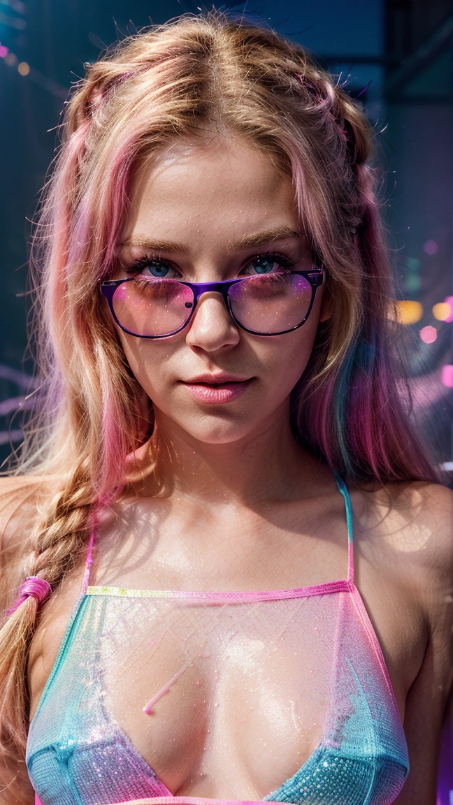 beautiful body of a 30 year old woman wearing sunglasses with purple frame and pink glass illuminated by colored lights photorealistic background bright colors Luminous neon pink and neon blue glitter powder background with blonde hair pink and blue smoke vapor, blue colored eyes,long,tear shorts,white shirt,