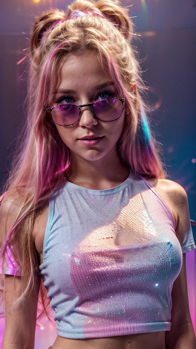 beautiful body of a 30 year old woman wearing sunglasses with purple frame and pink glass illuminated by colored lights photorealistic background bright colors Luminous neon pink and neon blue glitter powder background with blonde hair pink and blue smoke vapor, blue colored eyes,long,tear shorts,white  shirt,
