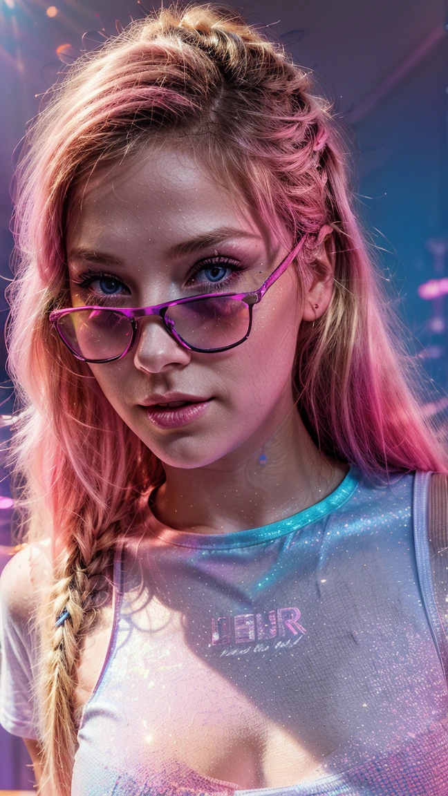 beautiful body of a 30 year old woman wearing sunglasses with purple frame and pink glass illuminated by colored lights photorealistic background bright colors Luminous neon pink and neon blue glitter powder background with blonde hair pink and blue smoke vapor, blue colored eyes,long,tear shorts,white  shirt,
