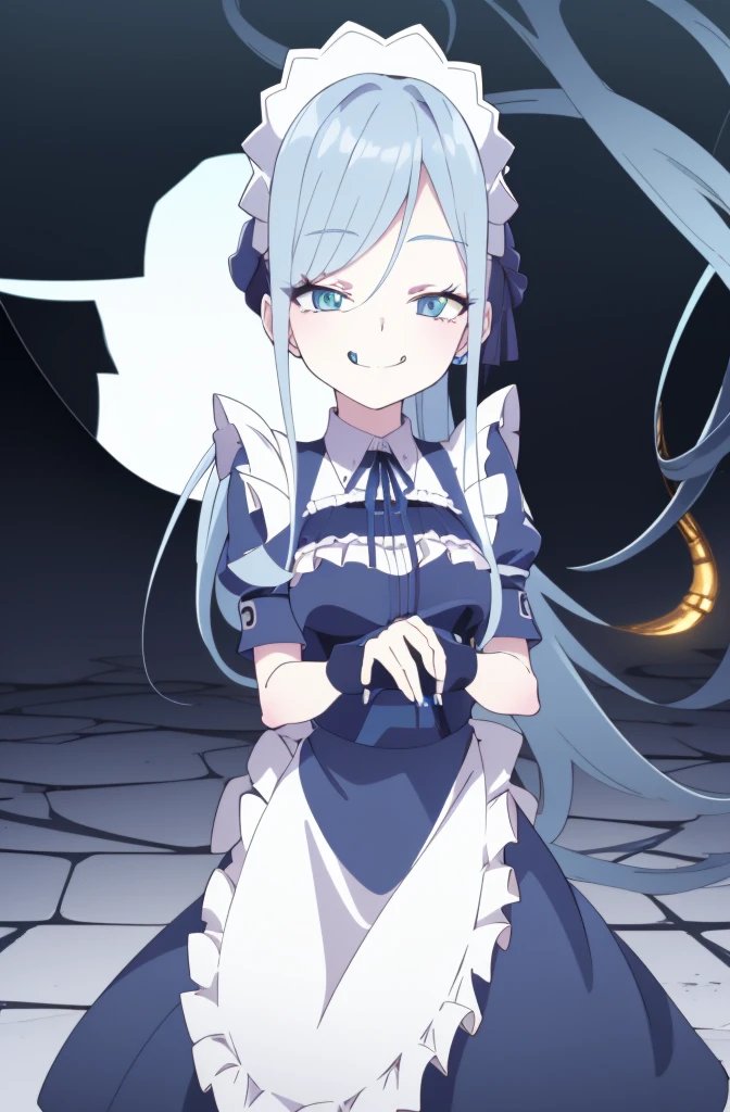 1girl, cowboy shot, 
 maid,  thighhighs,, masterpiece, best quality, highly detailed,((blue hair)),((frilled mini skirt)),white maid clothes,((evil smile)),((blue hair)),