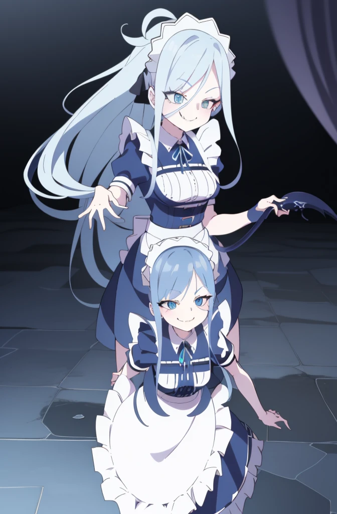 1girl, cowboy shot, 
 maid,  thighhighs,, masterpiece, best quality, highly detailed,((blue hair)),((frilled mini skirt)),white maid clothes,((evil smile)),((blue hair)),