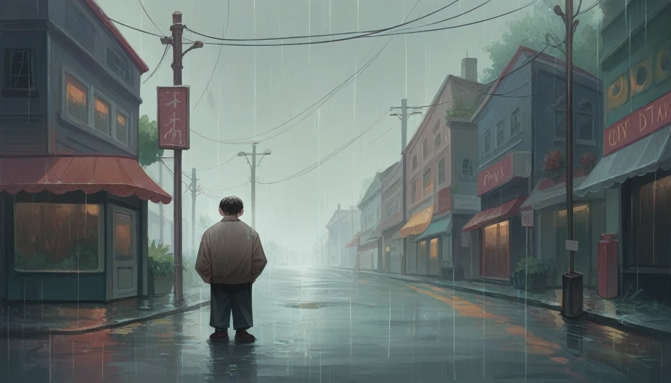 an oil painting of a sad dog in a sidewalk under the rain, painted in the style of Vincent Van Gogh; gross brushstrokes; cold colors tones