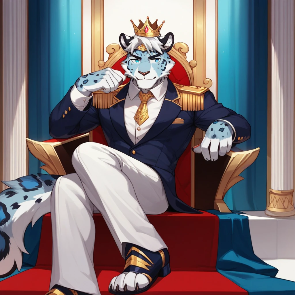 Score_9, score_8_up, score_7_up, source_cartoon, Anthro male, snow leopard,white hair, blue eyes, tall and slender, wearing silver kings armor, crown, sitting on an Elegant throne, in a throne room, resting head on one hand,