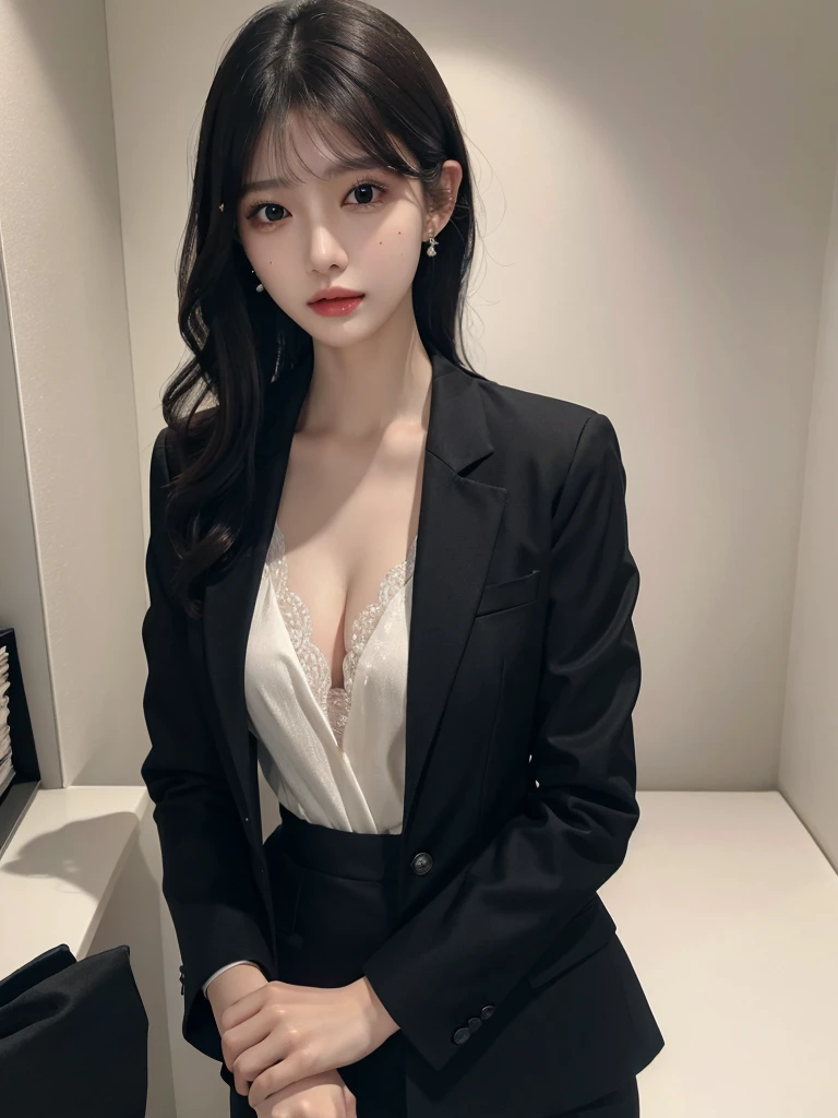 absurdres, RAW photo, extremely delicate and beautiful, masterpiece, Best Quality, ultra high resolution, 32k, hyperrealistic, ultra-detailed, delicate facial features, beautiful detailed woman, tearful mole, earring, medium breasts, (full body shot), medium hair, black hair, office lady suit, blazer,