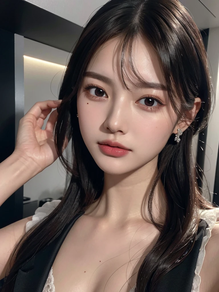 absurdres, RAW photo, extremely delicate and beautiful, masterpiece, Best Quality, ultra high resolution, 32k, hyperrealistic, ultra-detailed, delicate facial features, beautiful detailed woman, tearful mole, earring, medium breasts, (full body shot), medium hair, black hair, office lady suit, blazer,