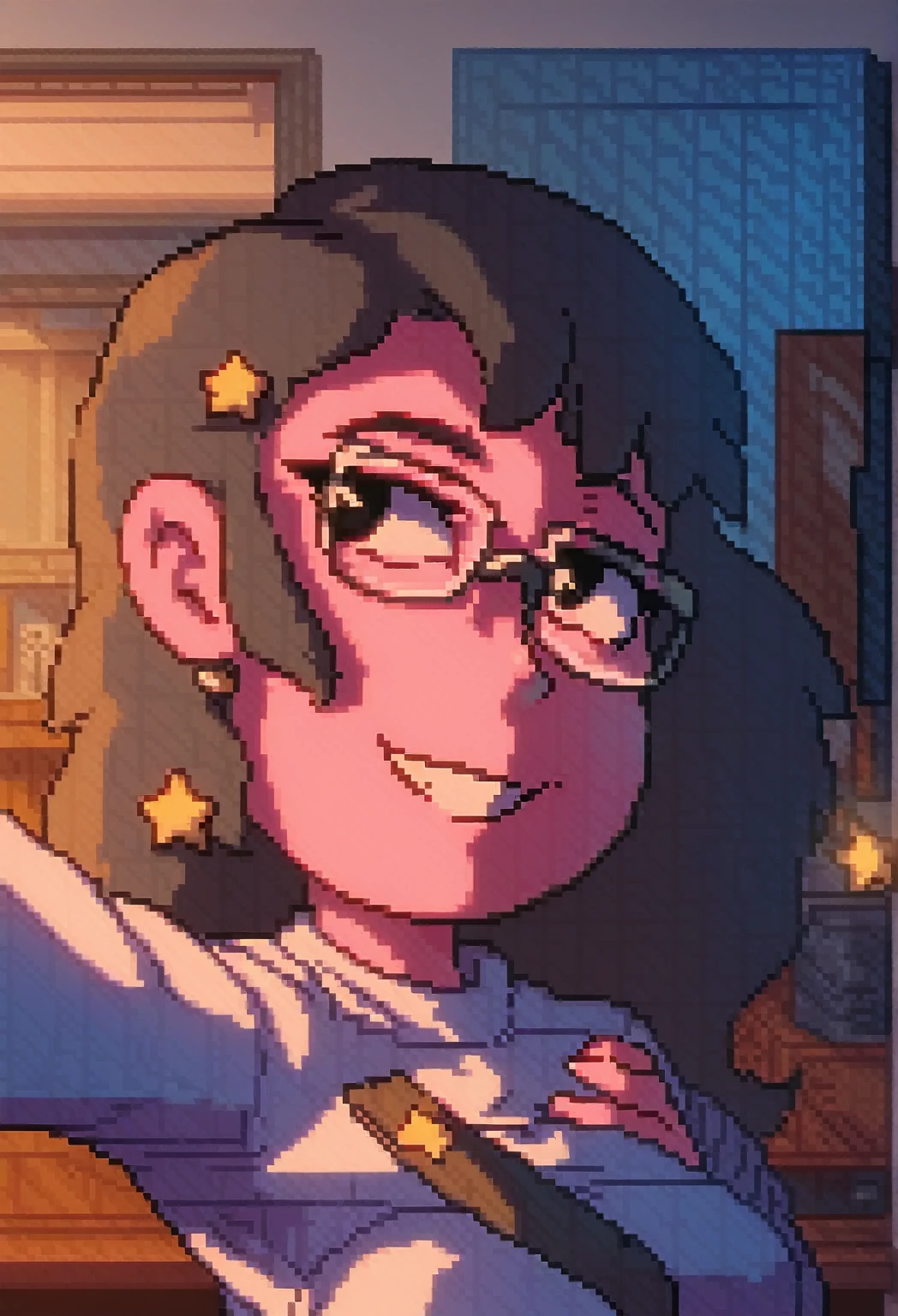 pixel art, Veronica Cipher ((upper body selfie, hapiness的)), Masterpiece, Superior quality, ultra detailed, alone, exterior, (evening), ROOM, gamer, (Star, officer) hapiness, hapiness的, sweater, have, wood, Get rich, shadow, Compared, clear sky, analogy style (View viewer:1.2) (texture) (film grain: 1.3), (cold colors, pastel colors): 1.2), close up, movie light, Side light, ultra high resolution, 背心shadow, RAW, wear a sweater, Kodak Vision 3, girl, Glasses, black eyes, black hair, wide, messy fur, Intense pink skin.