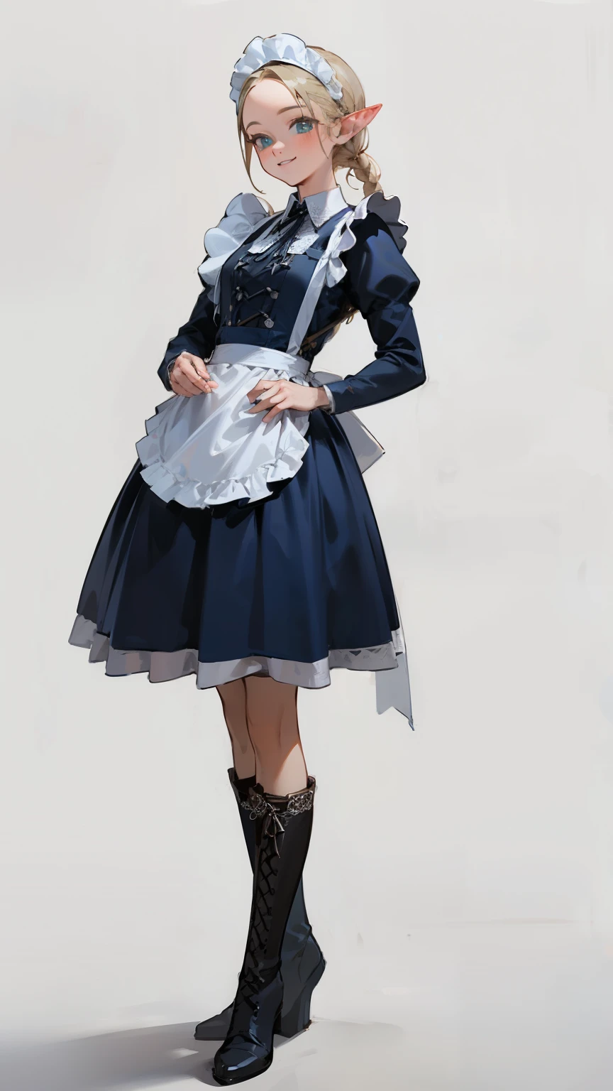 (masterpiece), ((best quality)), (super detailed), (Clean and delicate face), solo, (whole body, standing posture), Single Braided blonde pony tail, parted bangs, forehead, pointed ears, smile, (blue maid costume, white maid headband, lace up boots), simple background