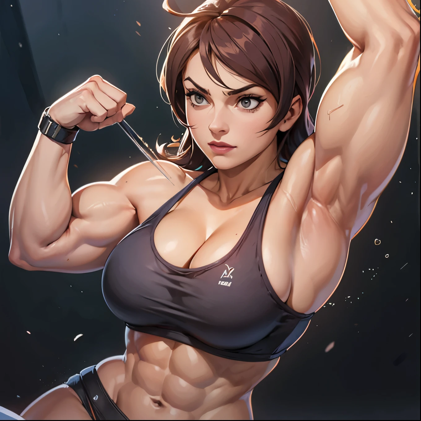 Muscle hypertrophy is significant, especially in the area of the biceps, which are large in size, which may be the result of strength training focused on the expansion of muscle mass. A woman's waist is noticeably narrower in relation to her shoulders, which creates the 'V-taper' effect desired in bodybuilding, i.e. a shape resembling the letter "V" created by the shoulder line leading into a narrow waist. The skin on the arms is smooth and the muscle tone under the skin is clearly visible. Light reflections on the skin suggest that it is smooth and slightly oiled or moist, the 'muscle belly' of the biceps more rounded forms, which may indicate a greater amount of fat tissue, giving the figure a softer and fuller shape Bulk body type well-defined abdominal oblique muscles, 1. **Biceps**: 36 cm in circumference 2. **Chest**: 100 cm circumference 3. **Waist**: 70 cm circumference 4. **Hips**: 95 cm circumference 5. **Thigh**: 60 cm circumference, Tightly tightened breasts with a bypass
