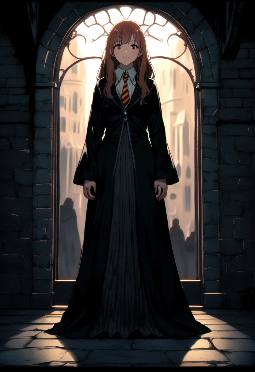 Emma Watson como Hermione Granger em Harry Potter, mature 35 years old, high-heels, sensuous, hiten, thick brown hair and brown eyes, long hair, harry potter movie style, ((detailed facial features)),(face detailed:1.2) (freckles:1.1)(beautiful beautiful face:1.3)(((whole body))), (Hogwarts in the background), ((((cinematic appearance)))), calming hues,complex scene, insane details, details Intricate, hyperdetailed, low-contrast, soft cinematic light, dark colours, Exposure Mix, hdr, missing, slate atmosphere, WB Studio, intricate, high détail, sharp focus,