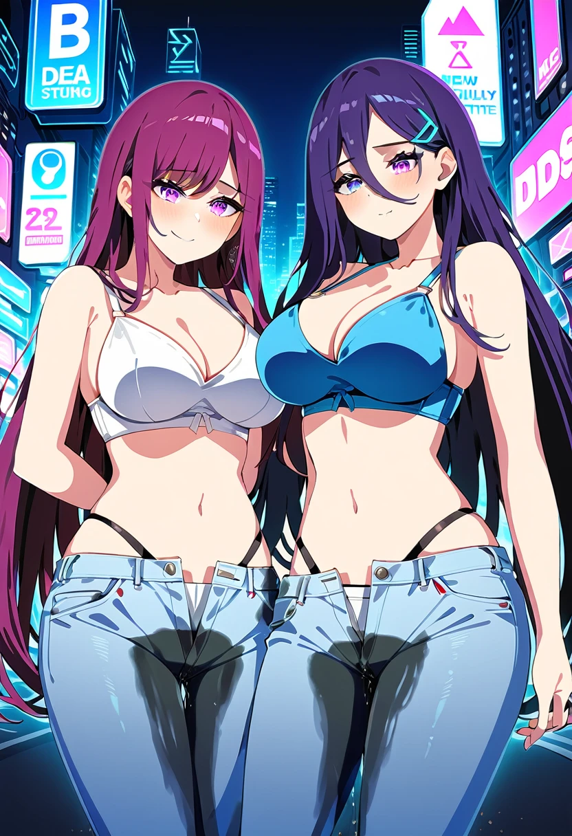 (masterpiece:1.37), best quality, (extremely detailed:1.37), woman, mature, adult, large breasts, very long hair, dark purple hair, purple eyes, (extremely detailed eyes:1.37), crop top, cleavage, navel, jeans, open fly, desperation, (wetting: self 3.0), standing, city, futuristic, neon lighting, high-tech, street