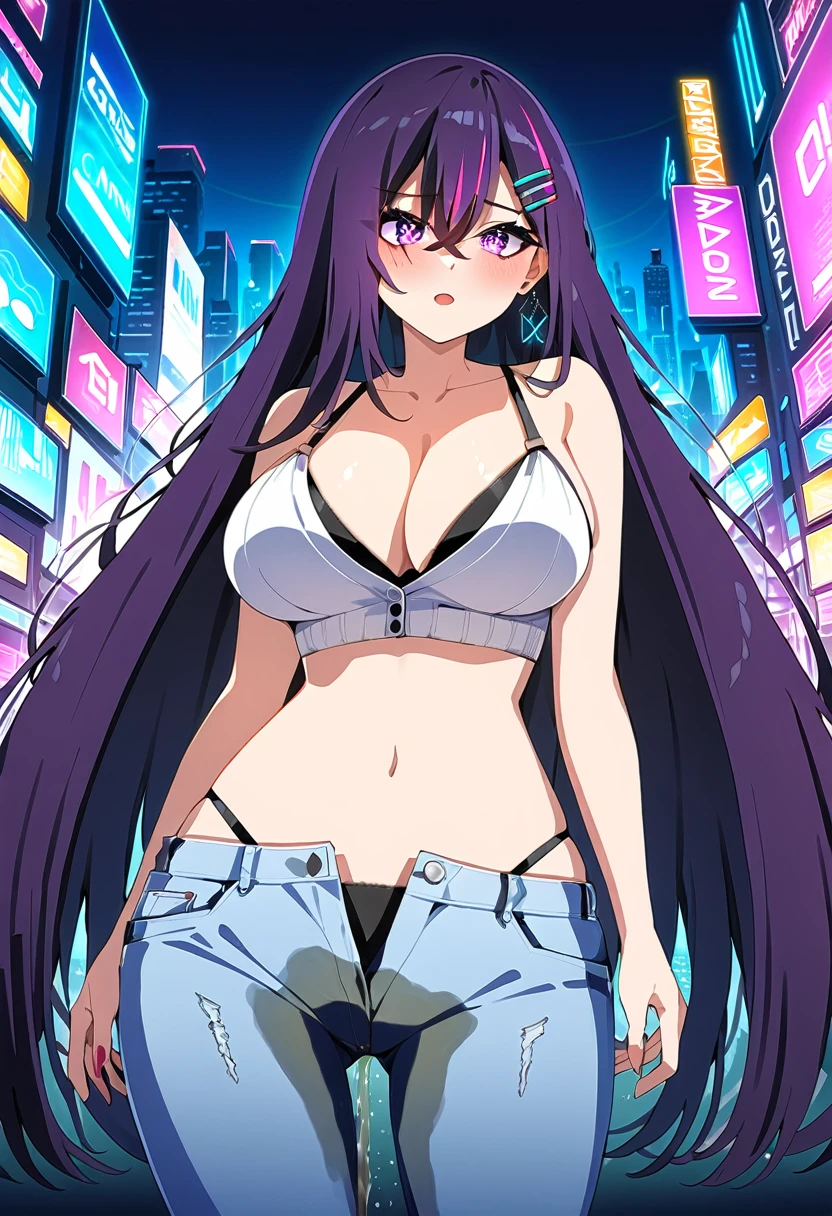 (masterpiece:1.37), best quality, (extremely detailed:1.37), woman, mature, adult, large breasts, very long hair, dark purple hair, purple eyes, (extremely detailed eyes:1.37), crop top, cleavage, navel, jeans, open fly, desperation, (wetting: self 3.0), standing, city, futuristic, neon lighting, high-tech, street