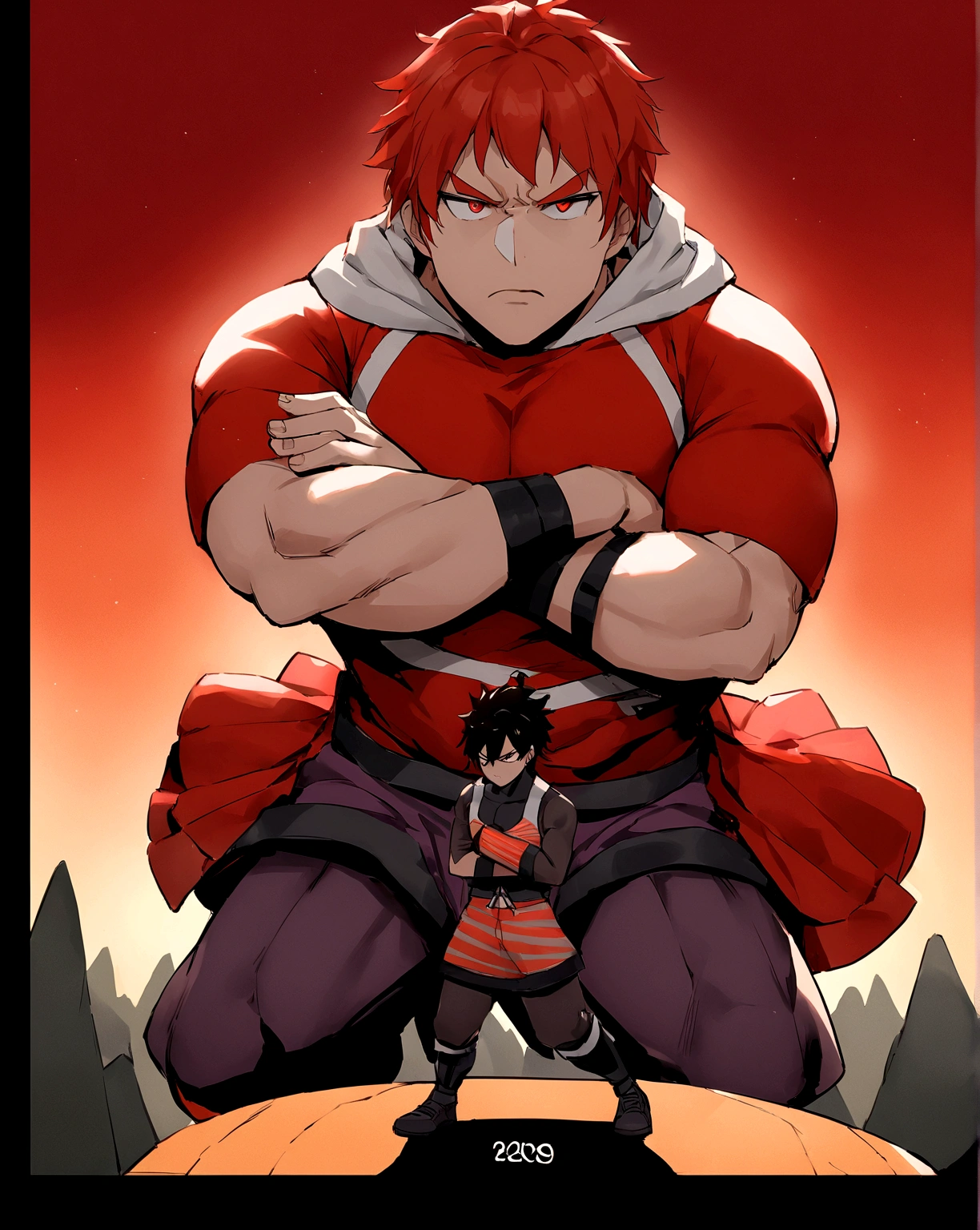 DeterminationColor: Deep redPersonality: Determination is focused and tireless. Always ready to face challenges and overcome obstacles, This emotion is motivating and persistent. Determination inspires Riley to never give up, even in the most difficult situations, and always do your best.Appearance:body hair: curto e bem arrumado, black in color, reflecting seriousness and focus.muka: masculine traits, com olhos intensos e expressivos. slightly arched eyebrows, indicating concentration.cos: Muscular and firm, wearing a sports outfit or a deep red shirt, symbolizing energy and strength.stance: In a confident and resolute pose, como se estivesse pronto para enfrentar qualquer desafio. May have arms crossed or in a forward position, suggesting action.enviroment:scenario: A simple background that can be a training ground, a mountain to be climbed, or a location that suggests a difficult task about to be accomplished.