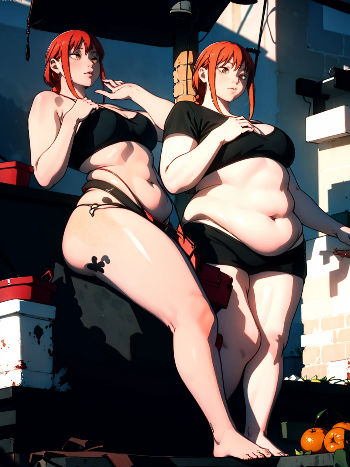 Le personnage Makima de la série animée Chainsaw Man, fragile, obésité morbide, ssbbw, pleine longueur (corps entier 1.1.), fond sombre, obscurité, anatomie correcte 1.1, anatomie correcte de la main, Très féminin, corps gras et rond, grosses Jambes, fesses, beau corps obèse, ventre rond et mou très gras, cheveux roux, Yeux oranges, Cercles rouges pour les écoliers, chemise blanche, jupe noire, cravate noire, pose sexy, réaliste, very détaillé, beau corps, détaillé body, détaillé hands, détaillé, vibrant, détaillé Face, Conception des personnages de Makima. very détaillé, détaillé body, détaillé hands, détaillé Face, Art animé, Hugh Détails, Visage très abattu, détaillé eyes, Illustration ultra fine, Meilleure ombre, détail fin, beautiful détaillé glow, beautiful détaillé, Extraordinairement beau, extremely détaillé, inexpressif, composition épique, Style animé. art animé, Style animé. Jupe noire, chemise blanche, cravatte, pose sexy. Double menton, visage très gras, grosses joues, joues potelées
