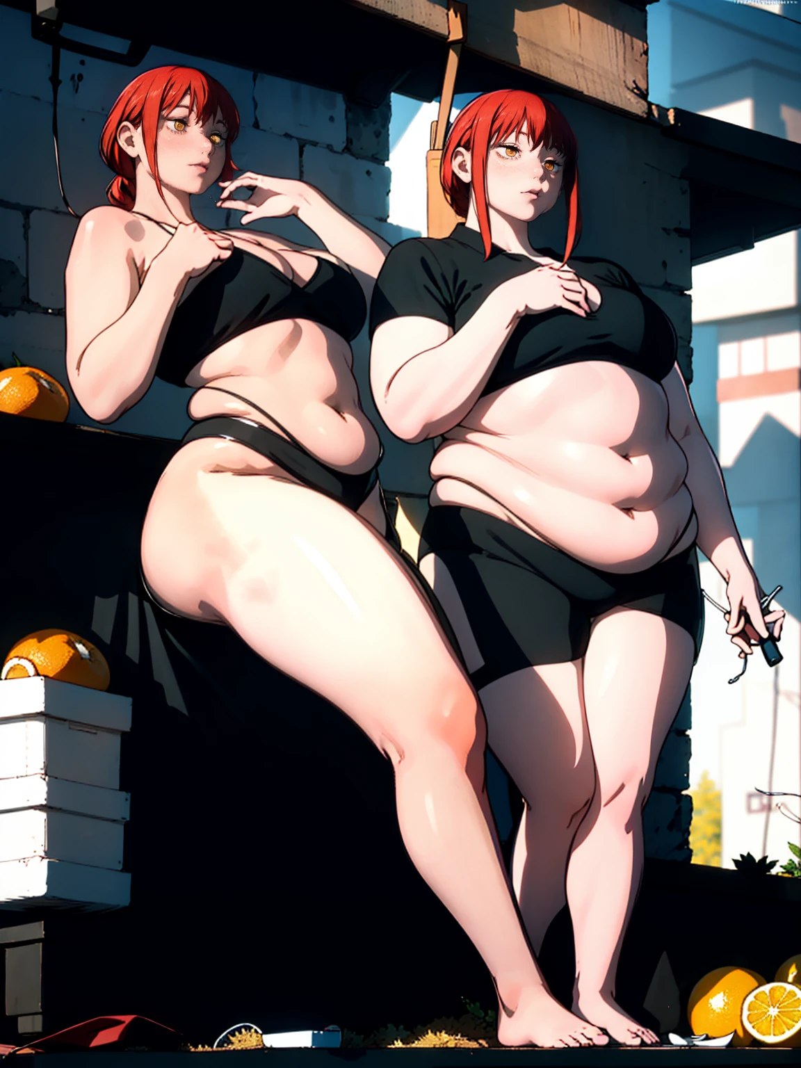 Le personnage Makima de la série animée Chainsaw Man, fragile, obésité morbide, ssbbw, pleine longueur (corps entier 1.1.), fond sombre, obscurité, anatomie correcte 1.1, anatomie correcte de la main, Très féminin, corps gras et rond, grosses Jambes, fesses, beau corps obèse, ventre rond et mou très gras, cheveux roux, Yeux oranges, Cercles rouges pour les écoliers, chemise blanche, jupe noire, cravate noire, pose sexy, réaliste, very détaillé, beau corps, détaillé body, détaillé hands, détaillé, vibrant, détaillé Face, Conception des personnages de Makima. very détaillé, détaillé body, détaillé hands, détaillé Face, Art animé, Hugh Détails, Visage très abattu, détaillé eyes, Illustration ultra fine, Meilleure ombre, détail fin, beautiful détaillé glow, beautiful détaillé, Extraordinairement beau, extremely détaillé, inexpressif, composition épique, Style animé. art animé, Style animé. Jupe noire, chemise blanche, cravatte, pose sexy. Double menton, visage très gras, grosses joues, joues potelées