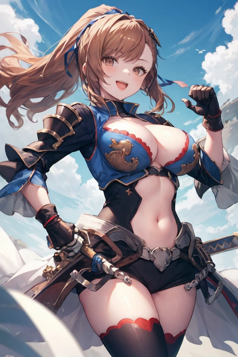 masterpiece, best quality, defbeatrix, ponytail, hair ribbon, gauntlets, blue shirt, gloves, cleavage cutout, from below, looking at viewer, big_smile, large breasts, sky ,,happy,covered_nipples,young_teen,open_mouth,shout,full_of_beans,dynamic_posing, fighting,1long_sword,laugh,portrait,bust upshot,focus_neck