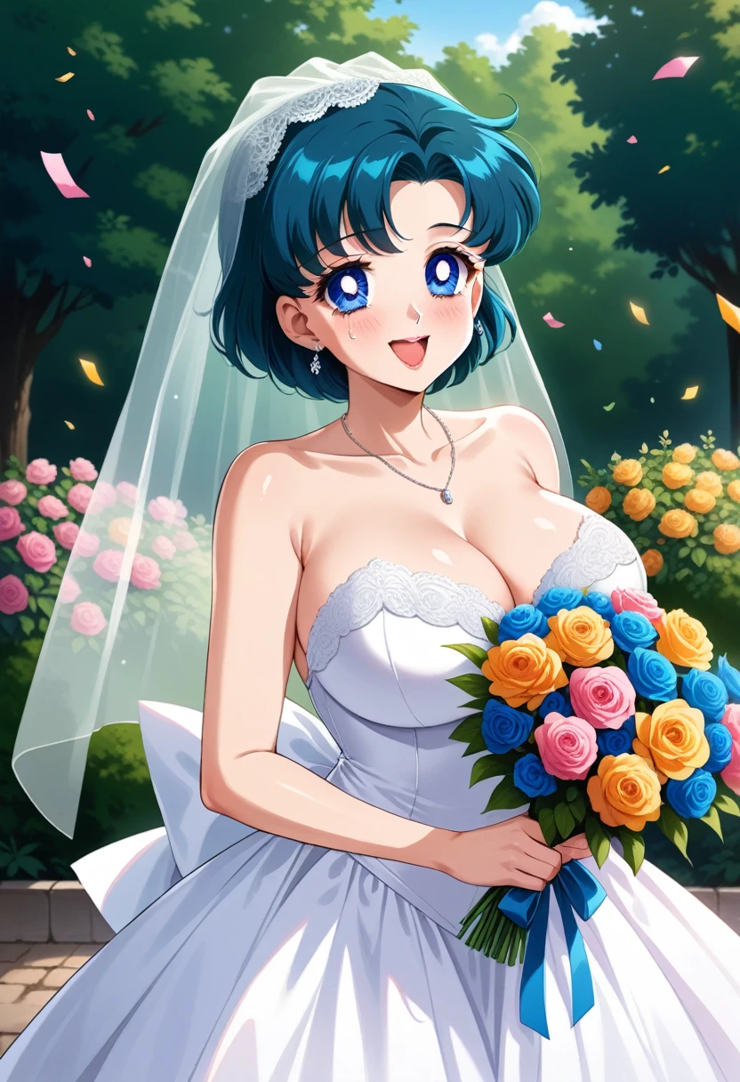 (masterpiece, best quality, very aesthetic, ultra detailed), intricate details, 4k, aamercury, short hair, blue hair, earrings, blue eyes, wedding dress, white dress, huge breasts, cleavage, vivid lips, full lips, vivid eyes, strapless, necklace, garden, confetti, smile, open mouth, tearing up, cowboy shot, standing, holding bouquet, bridal veil